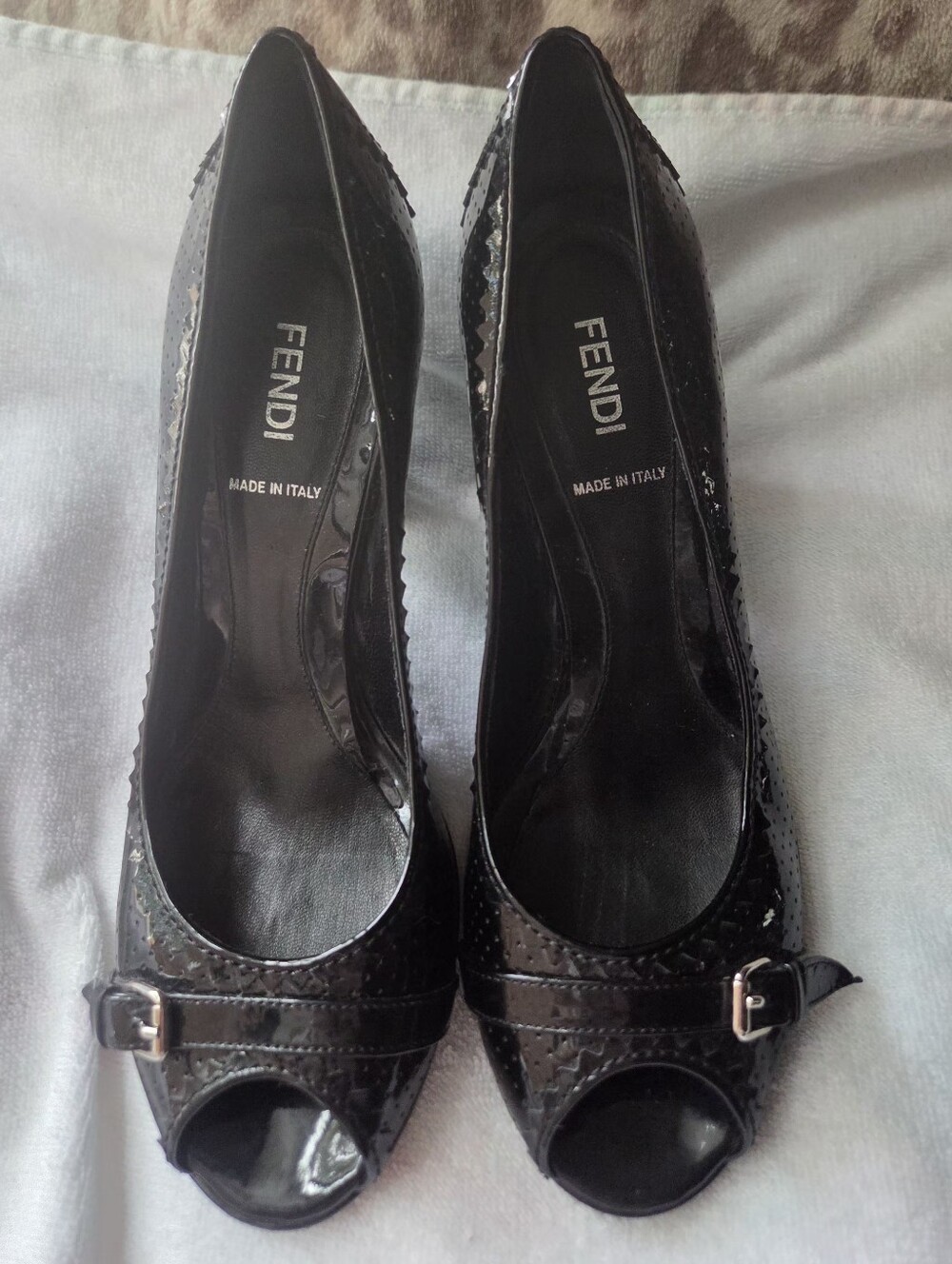 Fendi Black Patent Leather Peep-Toe Heels with Buckle Accent